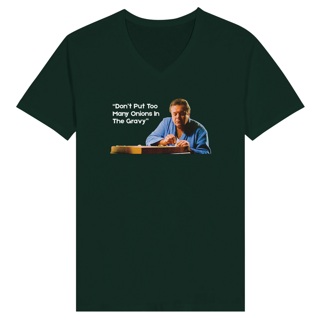 Lifestyle shot of the 'Too Many Onions' Goodfellas t-shirt on display