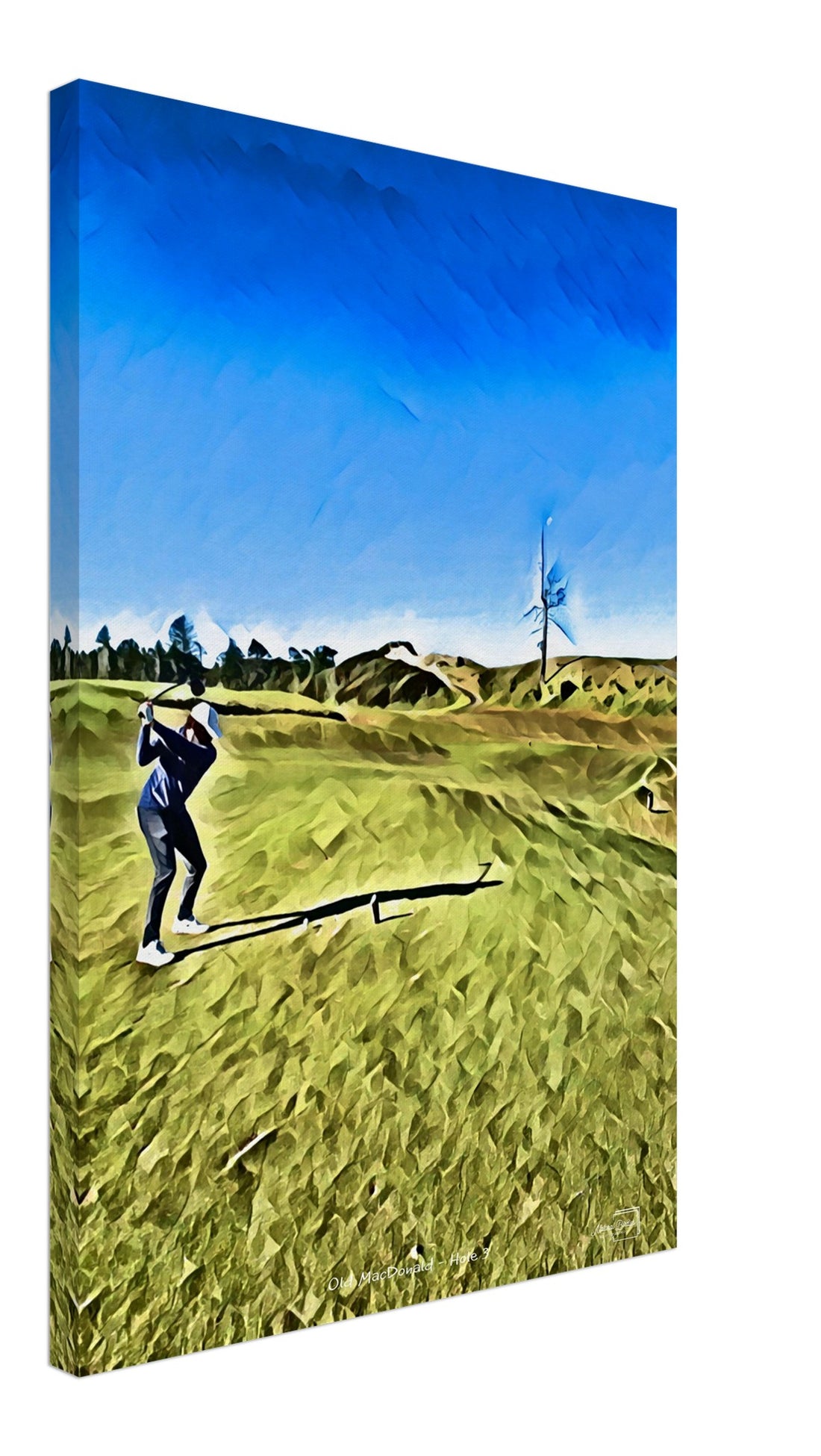 Old MacDonald at Bandon Dunes hole 3 gouache print showcasing the scenic Ghost Tree