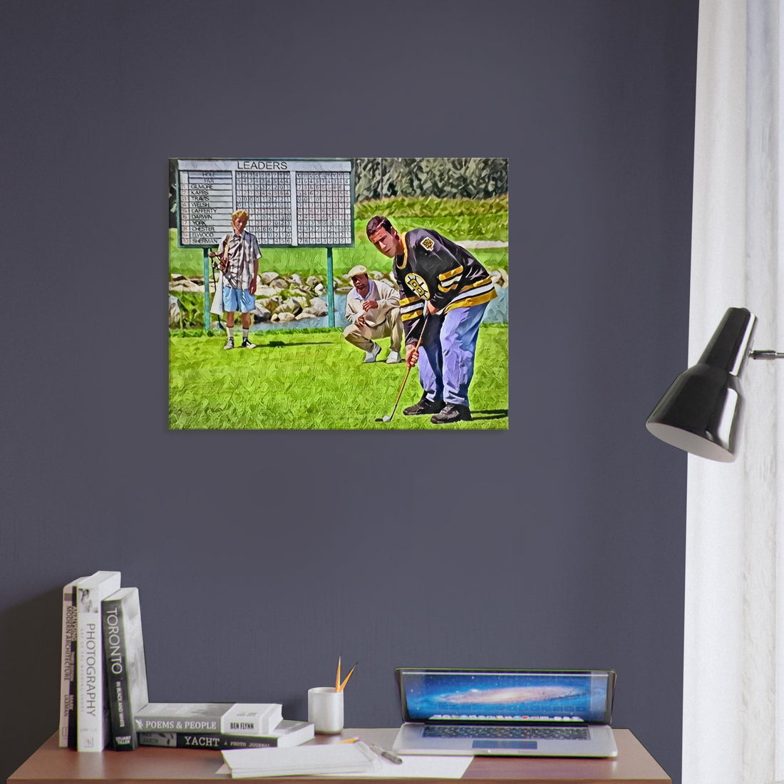 Whimsical depiction of Happy Gilmore's tap tap tap it in scene golf wall art
