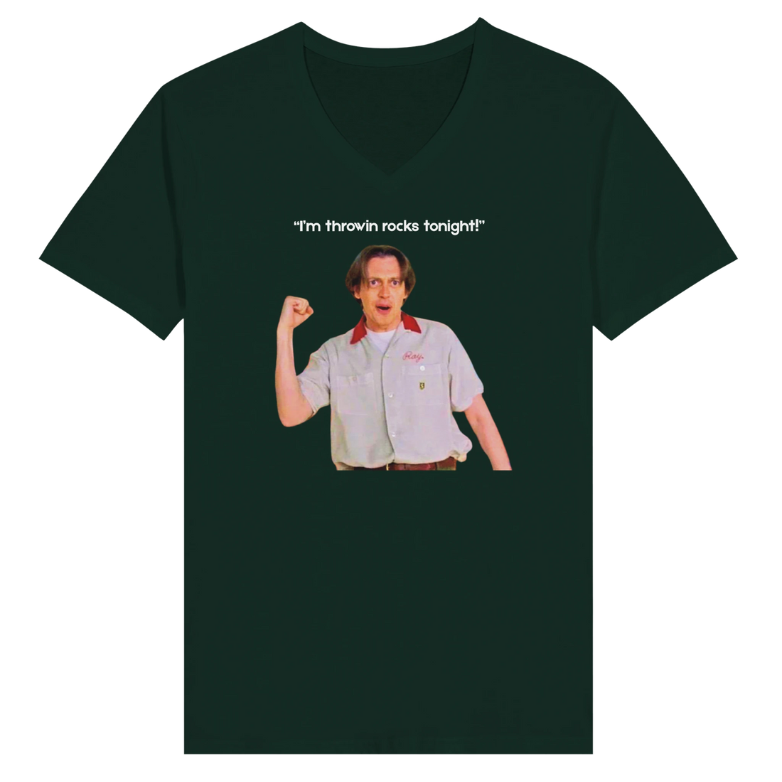 Close-up of Donnie Big Lebowski throwing rocks graphic on golf t-shirt