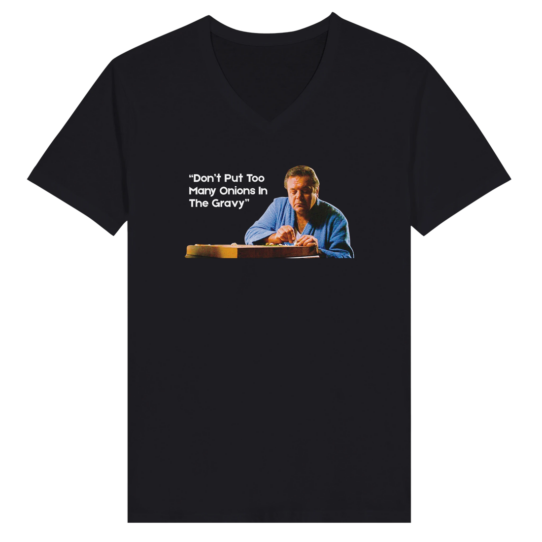 Paulie character graphic on the 'Too Many Onions' Goodfellas t-shirt