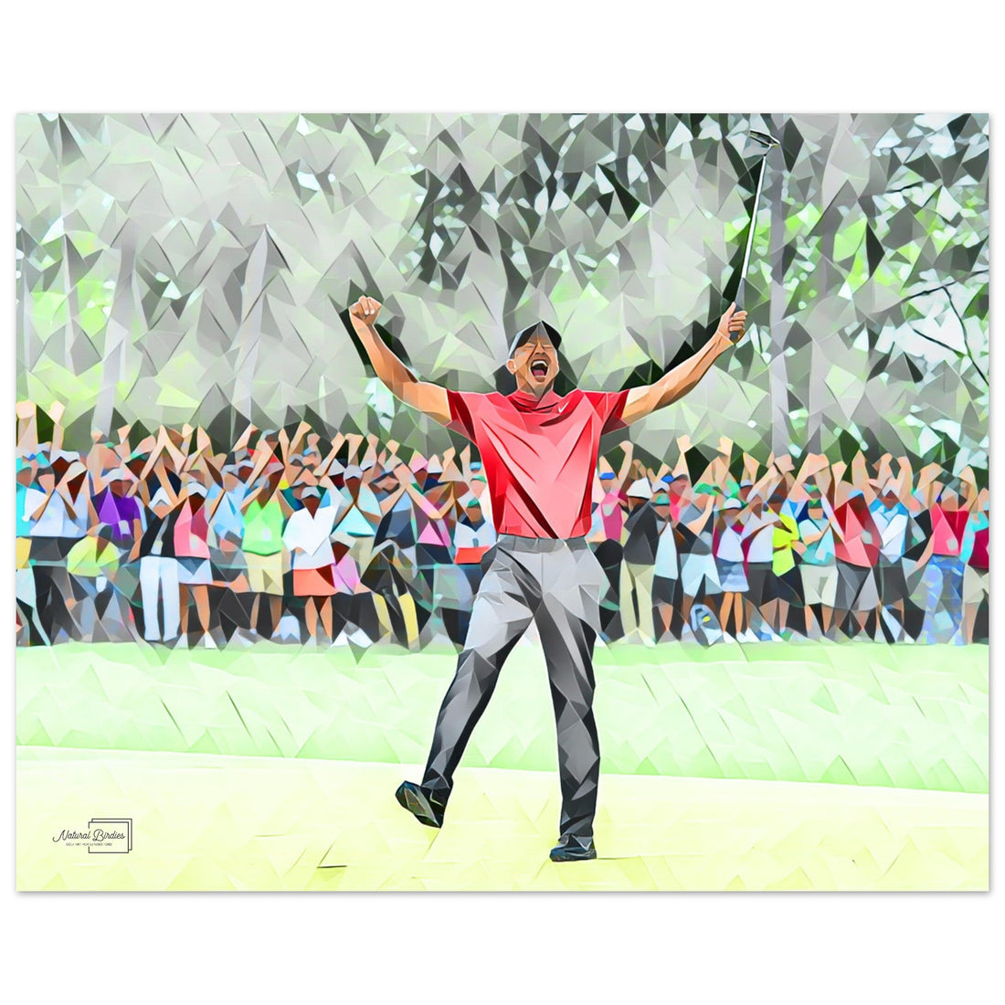 Tiger Woods celebrating after sinking the final putt at the 2019 Masters golf wall art