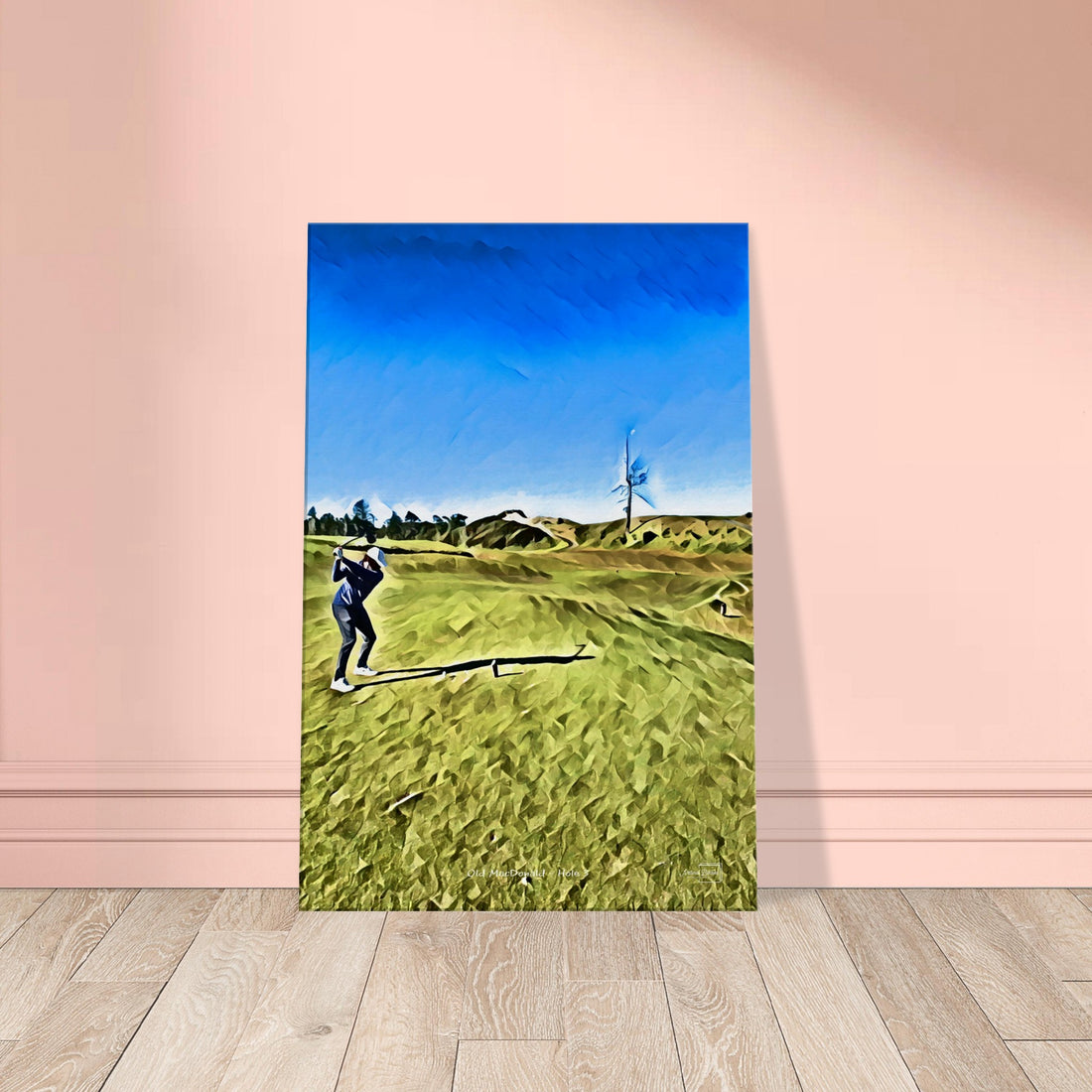 Old MacDonald at Bandon Dunes hole 3 gouache print with a focus on the Ghost Tree
