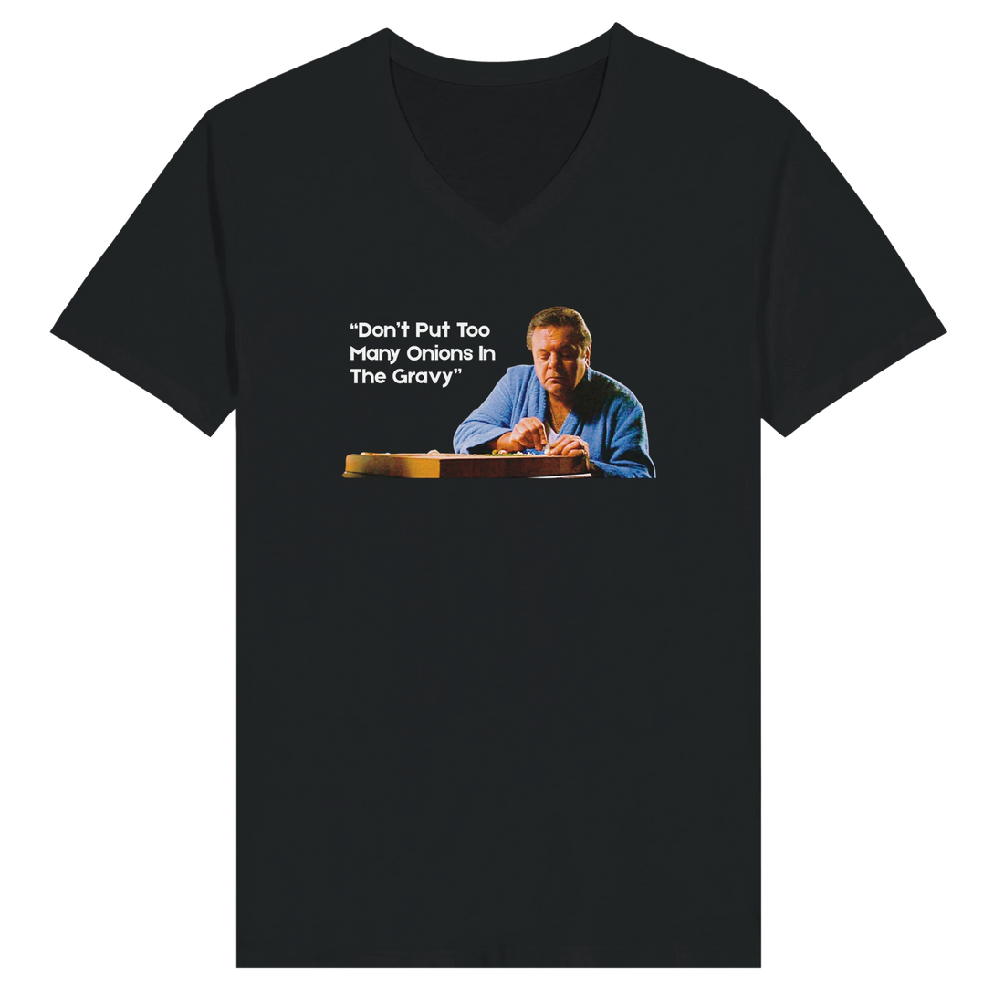 Close-up of Paulie from Goodfellas wearing the 'Too Many Onions' t-shirt