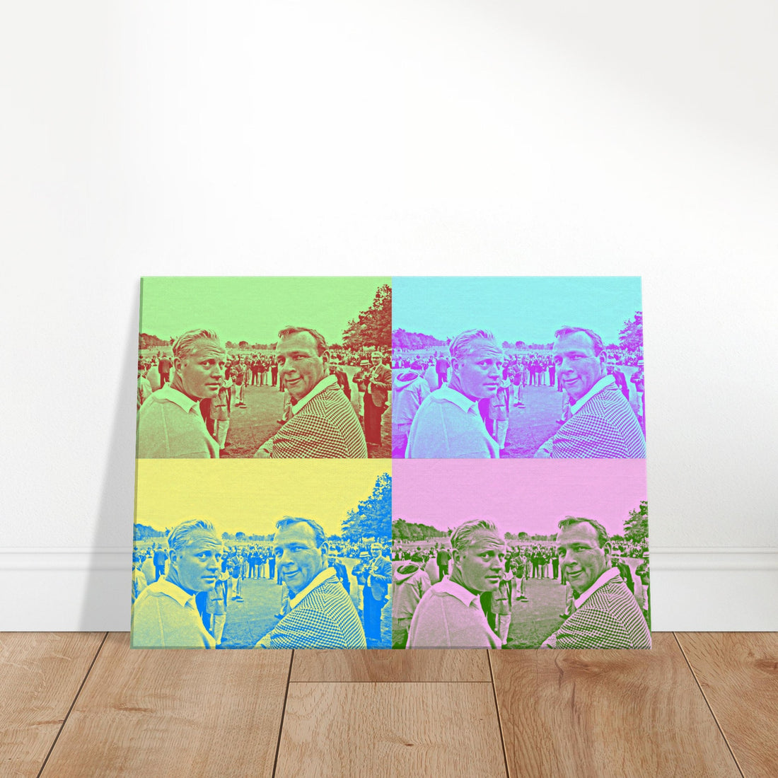 Arnold Palmer and Jack Nicklaus posing for a nostalgic golf art canvas