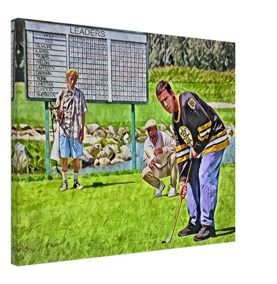 Dynamic oil on canvas print of Happy Gilmore tapping the ball in