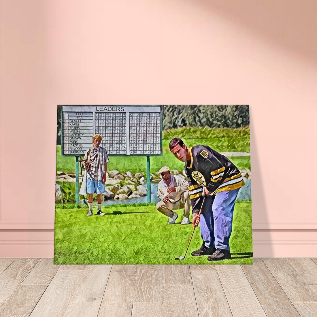 Colorful Happy Gilmore oil on canvas print depicting the famous tap-in moment