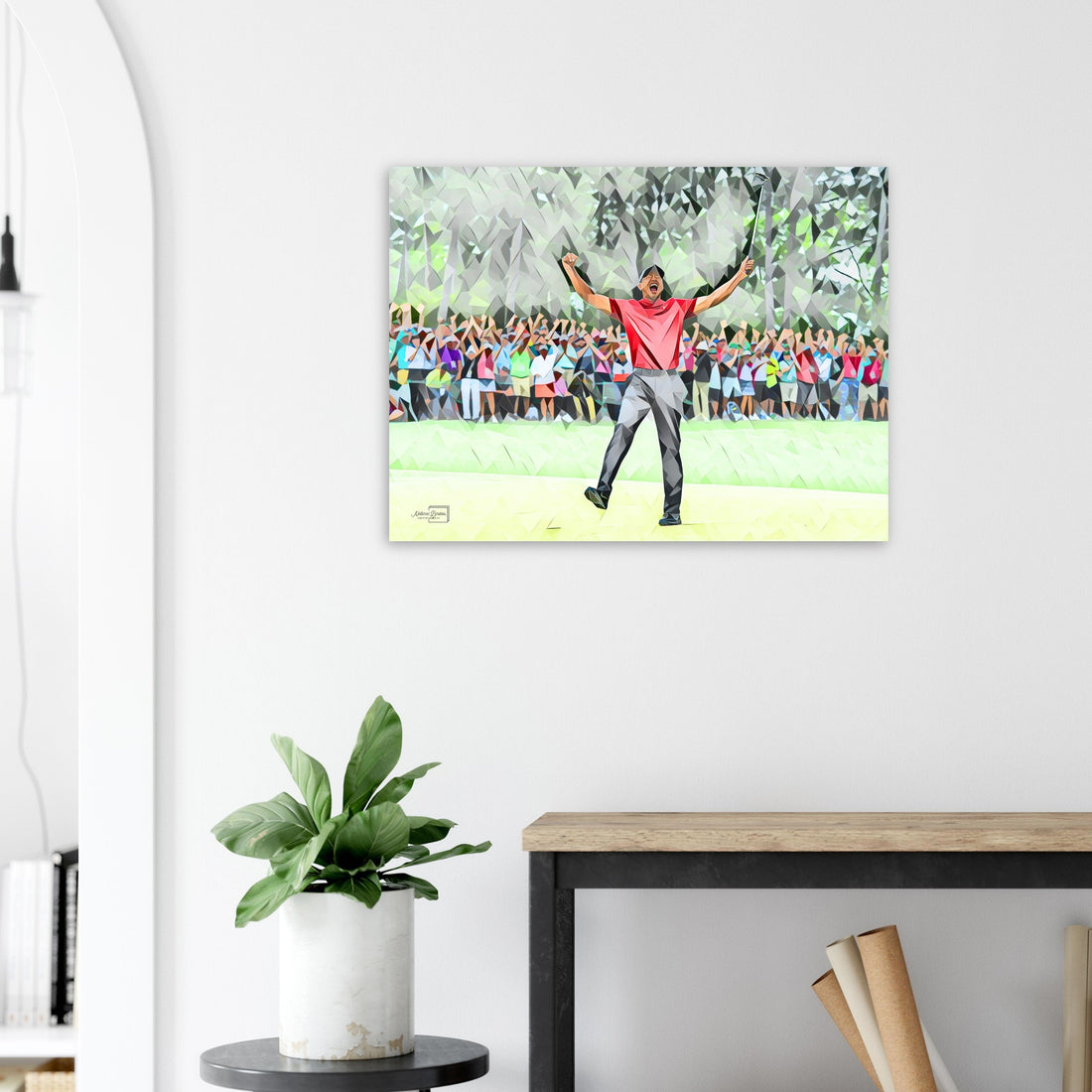 Tiger Woods celebrating his 2019 Masters win with iconic Augusta backdrop golf wall art