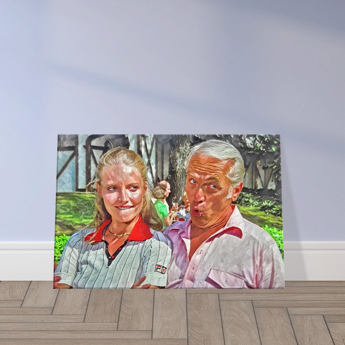 Lacey Underall and Judge Smails preparing to swing Caddyshack golf wall art