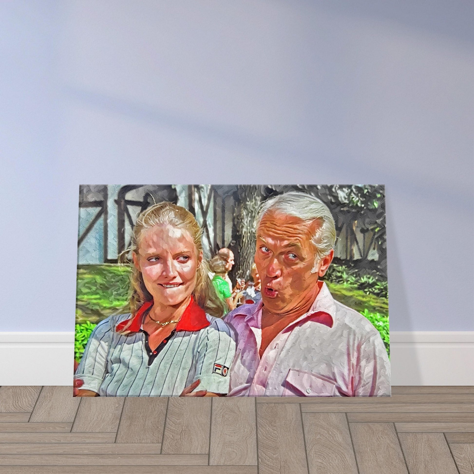 Lacey Underall and Judge Smails preparing to swing Caddyshack golf wall art