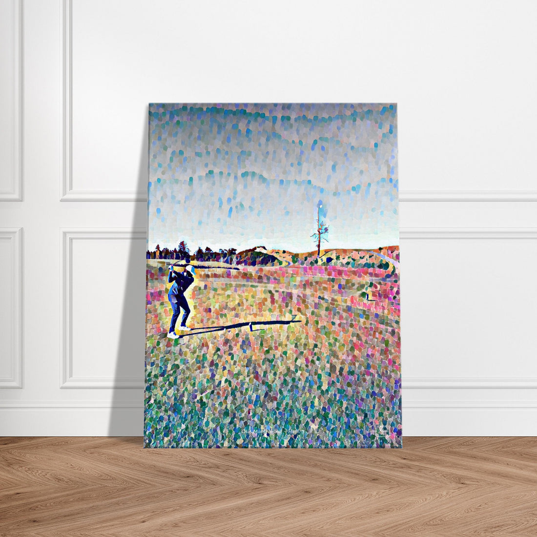 Vibrant pointillism print of the Ghost Tree at Bandon Dunes