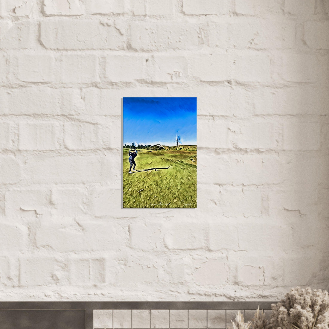 Artistic representation of Old MacDonald at Bandon Dunes hole 3 with the Ghost Tree in gouache