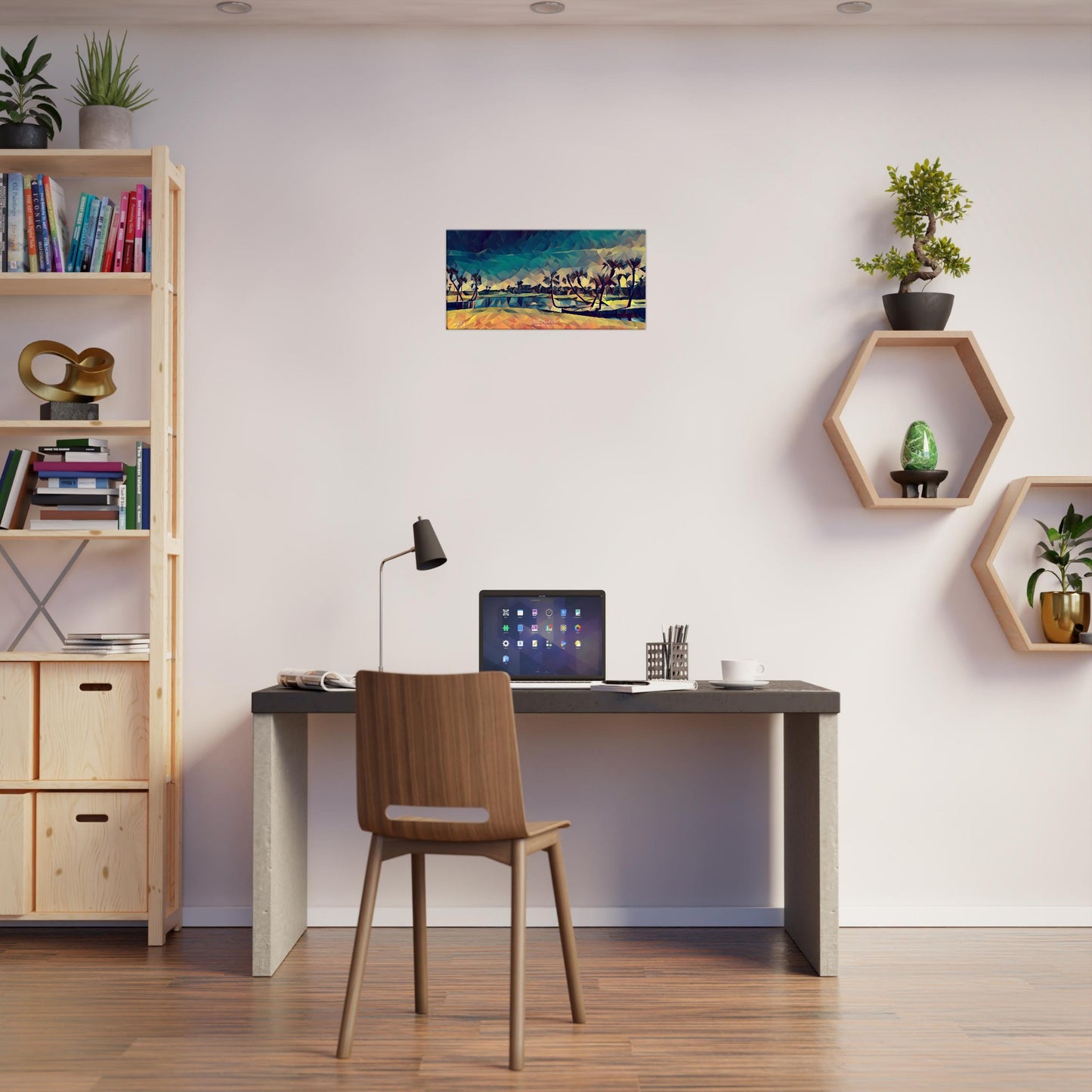 palm-beach-par-3-golf-wall-art-office-above-desk-white-wall-tan-wood-floor