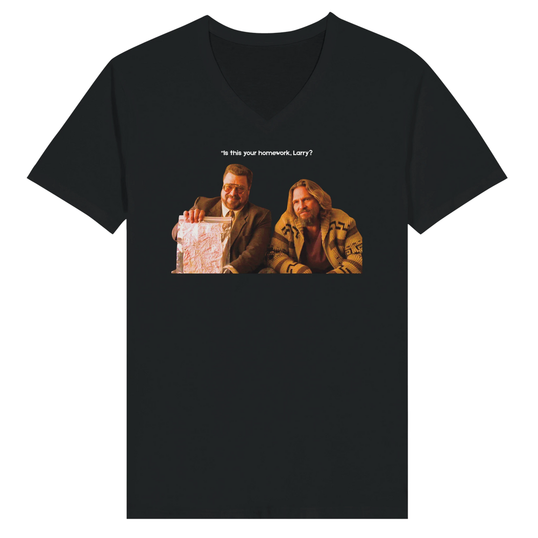 Close-up of Is This Your Homework Larry? Big Lebowski t-shirt fabric