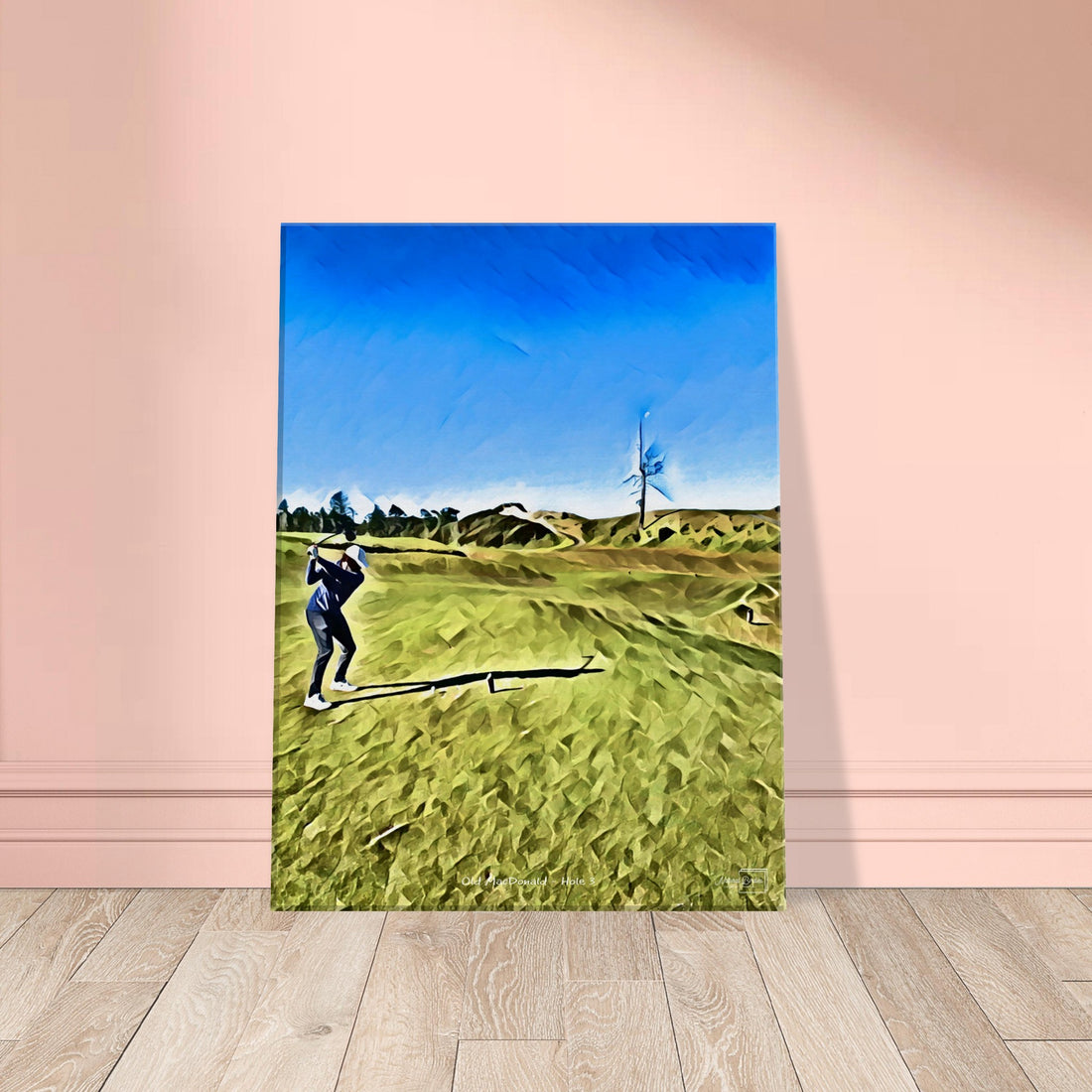 Old MacDonald at Bandon Dunes hole 3 gouache print showcasing the iconic Ghost Tree