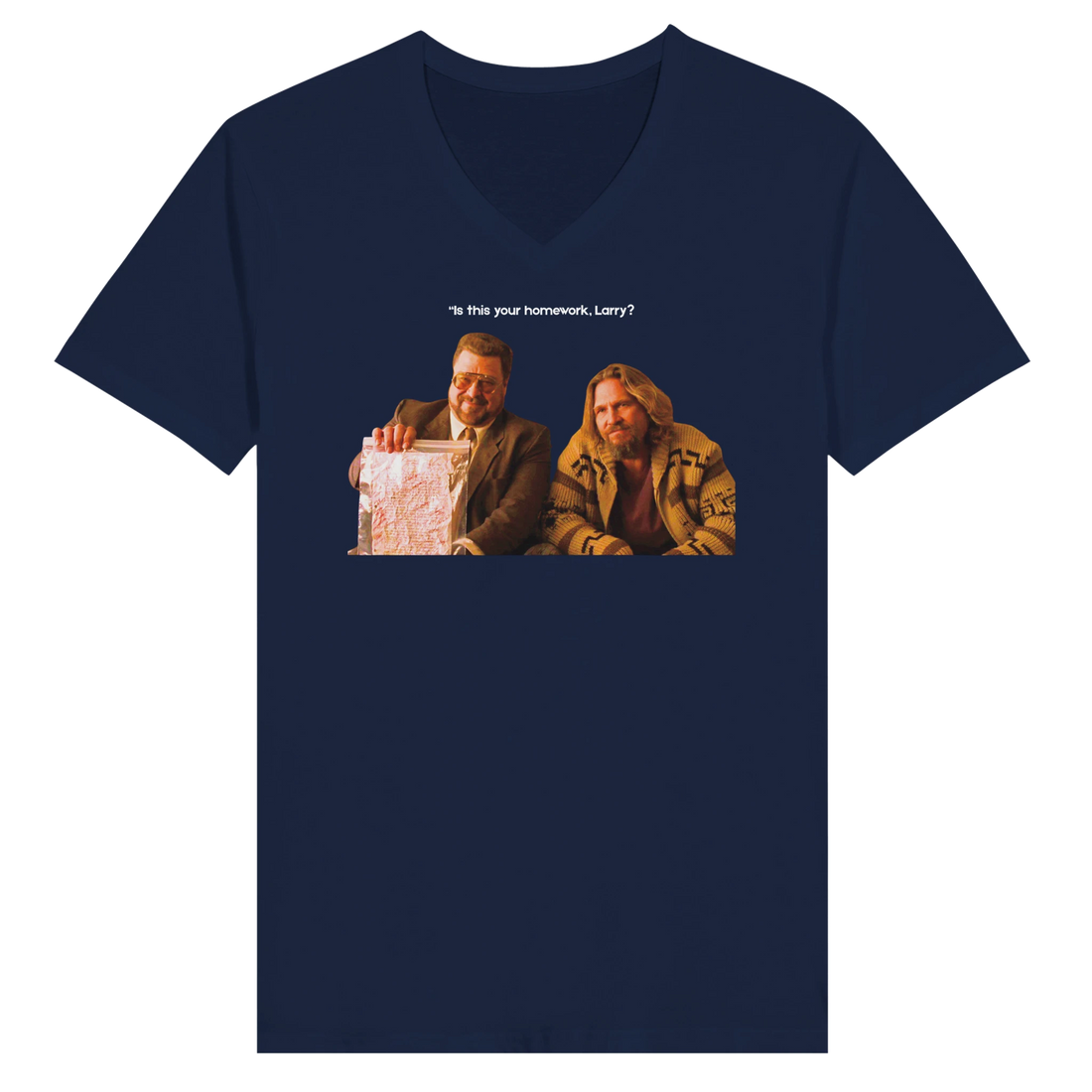 Model wearing Is This Your Homework Larry? Big Lebowski golf t-shirt
