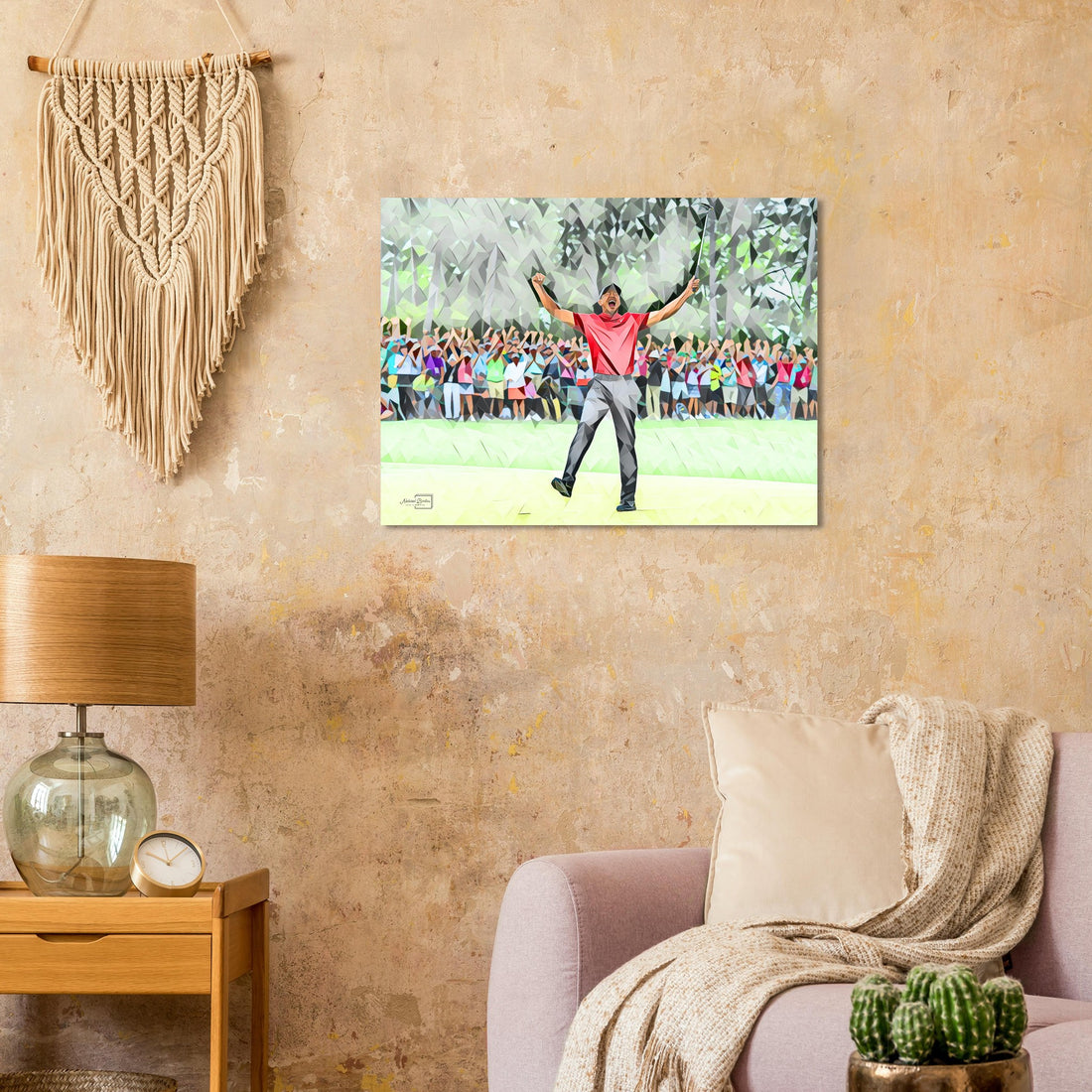 Tiger Woods embracing his son after winning the 2019 Masters golf wall art